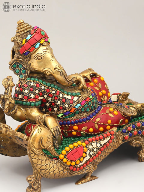 11" Relaxing Lord Ganesha | Brass Statue with Inlay Work