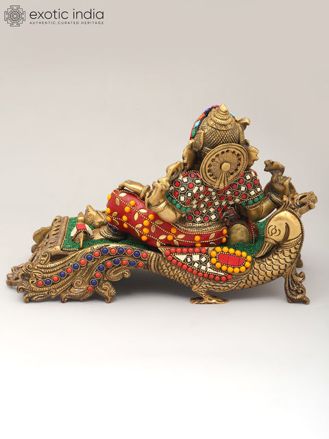 11" Relaxing Lord Ganesha | Brass Statue with Inlay Work