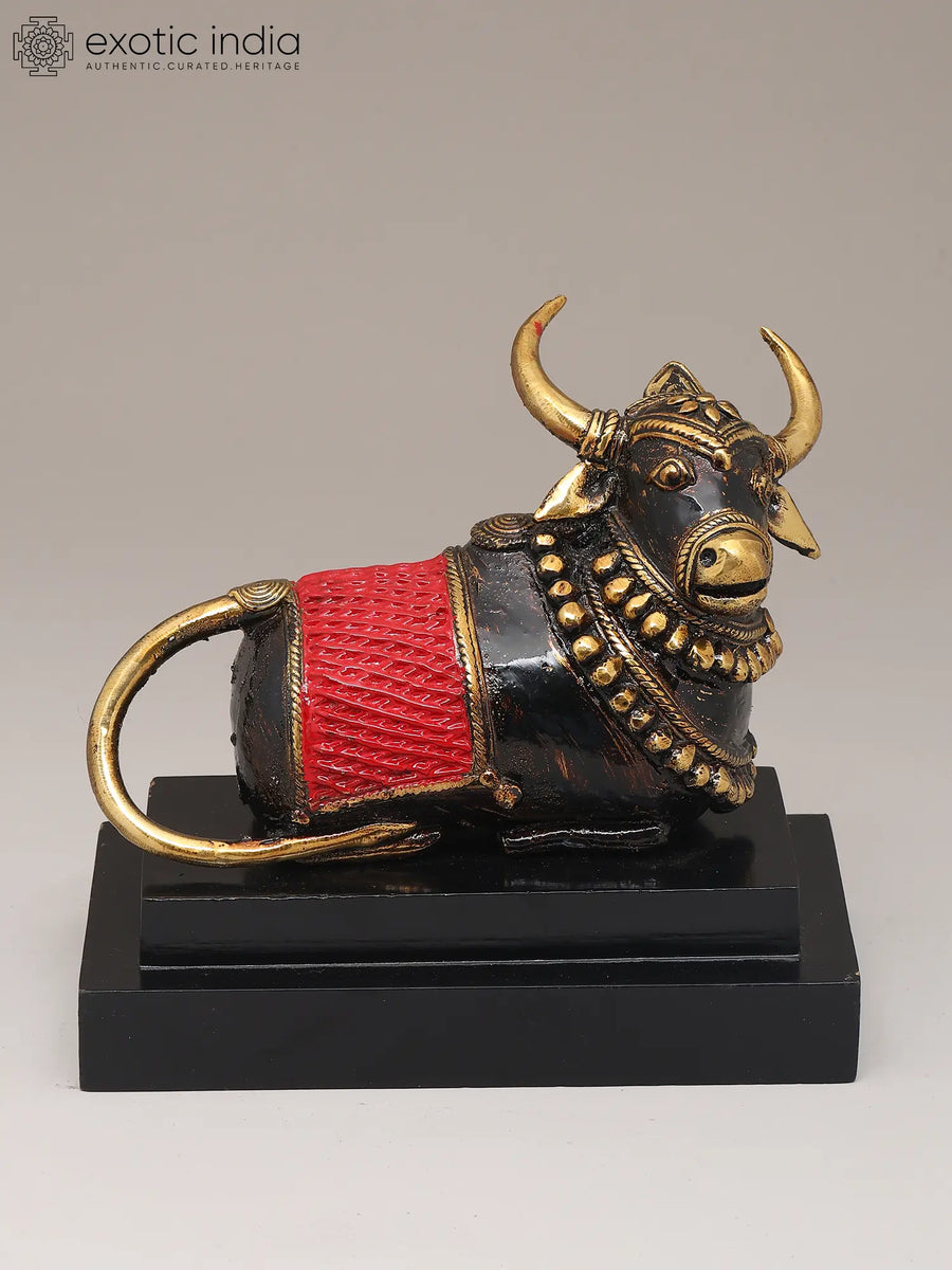 7" Handmade Nandi Brass Statue with Wood Base for Pooja