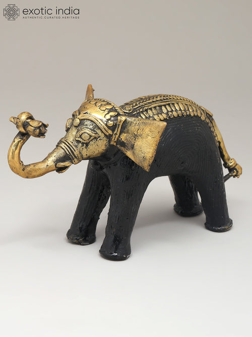 7" Brass Elephant Holding Flower Dhokra Art Statue