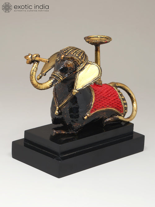 8" Brass Elephant Candle Holder Dhokra Art Statue with Wood Base
