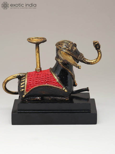 8" Brass Elephant with Candle Stand on Wood Base | Dhokra Art | Table Decor