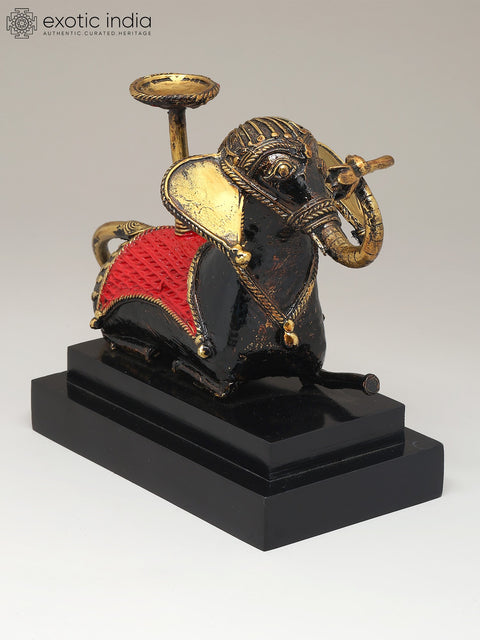 8" Brass Elephant with Candle Stand on Wood Base | Dhokra Art | Table Decor