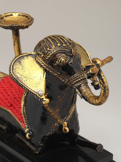 8" Brass Elephant with Candle Stand on Wood Base | Dhokra Art | Table Decor