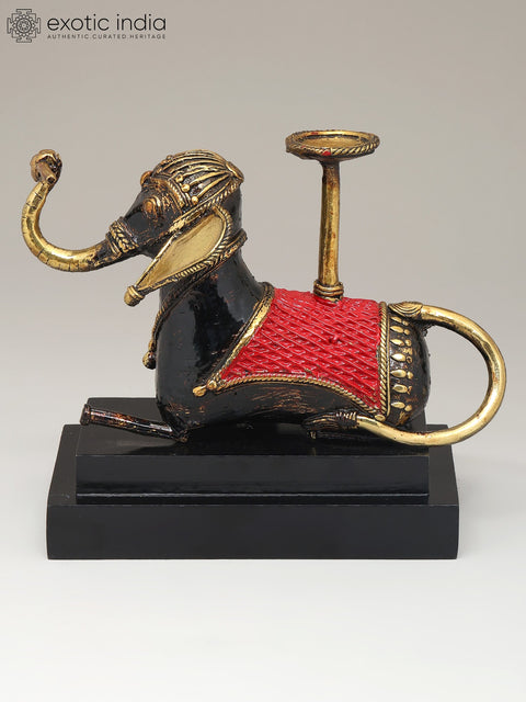 8" Brass Elephant with Candle Stand on Wood Base | Dhokra Art | Table Decor