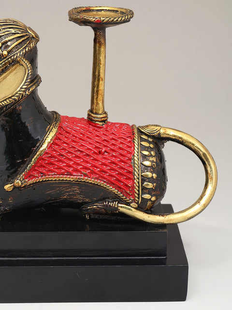 8" Brass Elephant with Candle Stand on Wood Base | Dhokra Art | Table Decor