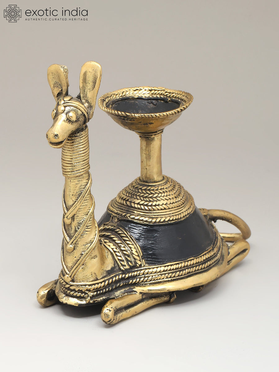 8" Brass Camel Statue with Candle Stand for Home Decor