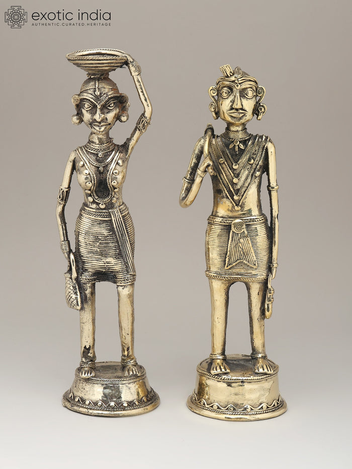 13" Tribal Man and Woman Pair Dhokra Brass Statues