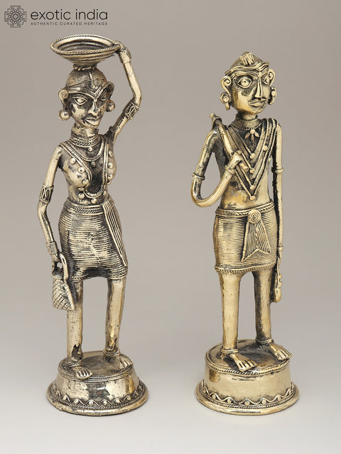 13" Working Tribal Man and Woman (Pair) | Dhokra Art | Decorative Brass Statues
