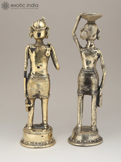 13" Working Tribal Man and Woman (Pair) | Dhokra Art | Decorative Brass Statues