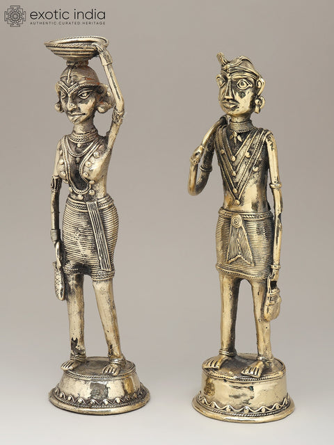 13" Working Tribal Man and Woman (Pair) | Dhokra Art | Decorative Brass Statues