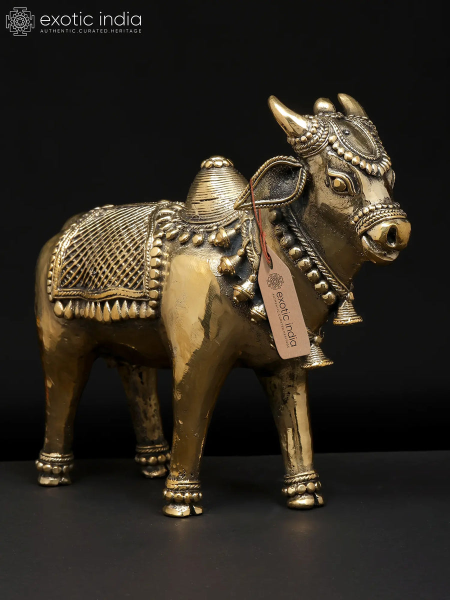 8" Standing Nandi Brass Statue - Handmade Dhokra Art