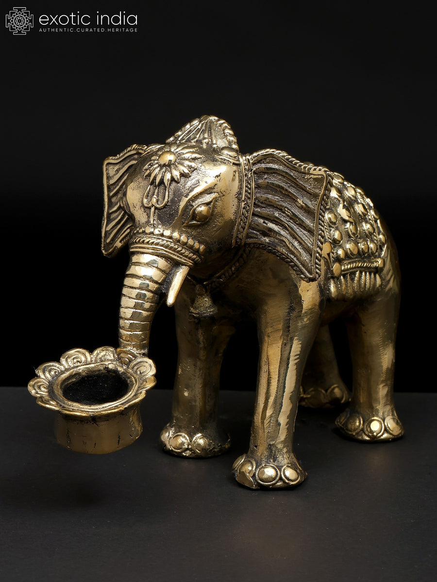 8" Brass Elephant Candle Holder Statue with Dhokra Art Detailing