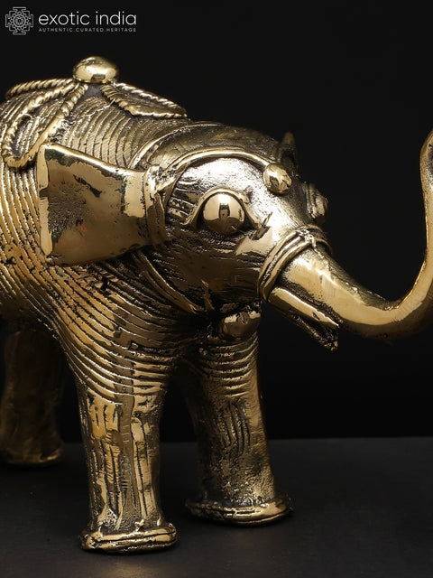 7" Brass Elephant with Upraised Trunk | Dhokra Art | Table Decor