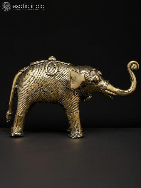 7" Brass Elephant with Upraised Trunk | Dhokra Art | Table Decor