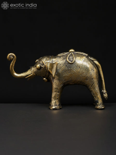 7" Brass Elephant with Upraised Trunk | Dhokra Art | Table Decor