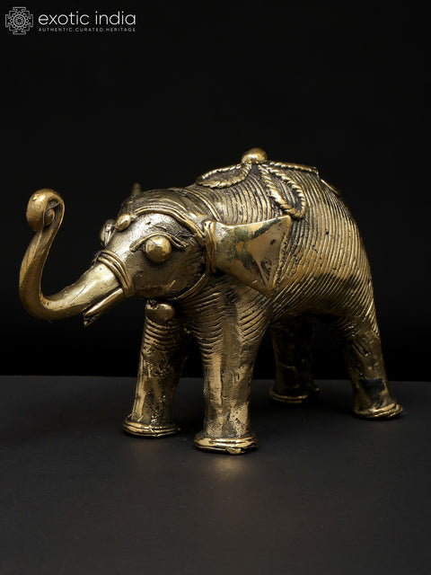 7" Brass Elephant with Upraised Trunk | Dhokra Art | Table Decor