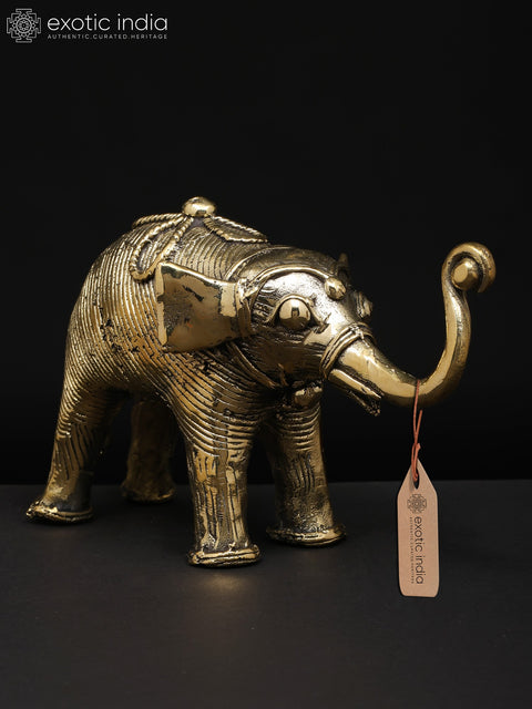 7" Brass Elephant with Upraised Trunk | Dhokra Art | Table Decor