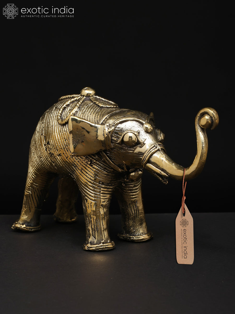 7" Brass Elephant Statue with Upraised Trunk Dhokra Art