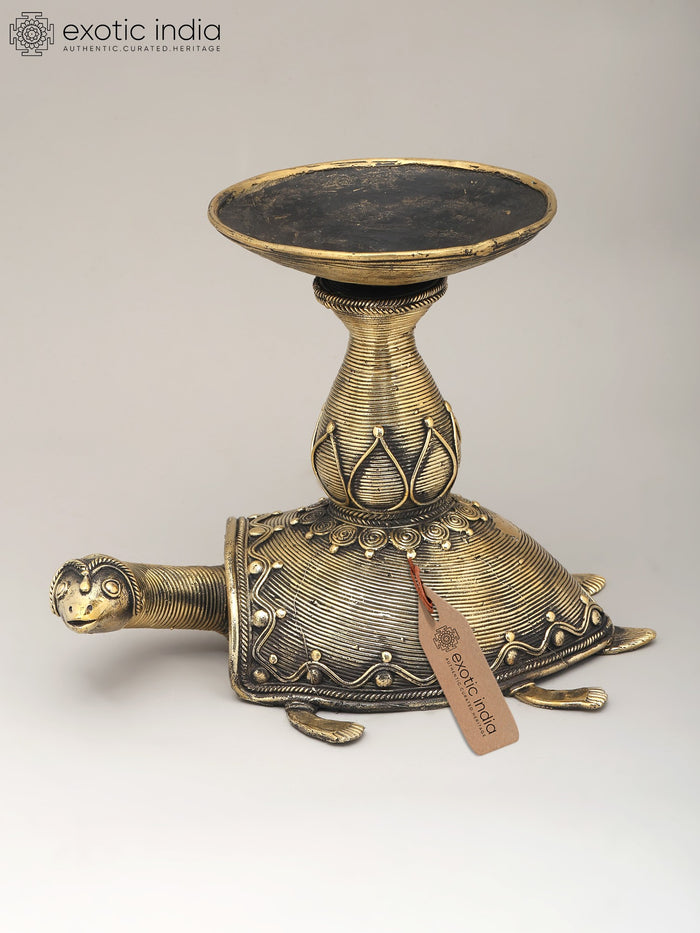 10" Handmade Brass Tortoise Candle Stand Dhokra Sculpture