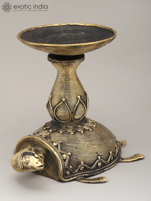 10" Decorative Brass Tortoise with Candle Stand | Dhokra Art | Home Decor