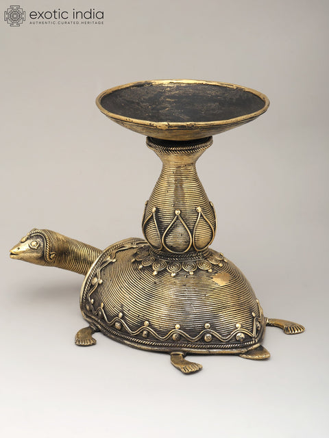 10" Decorative Brass Tortoise with Candle Stand | Dhokra Art | Home Decor