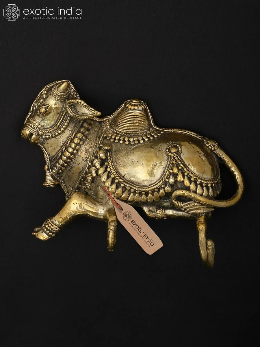 7" Brass Nandi Wall Hanging with Key Hangers Dhokra Art Statue