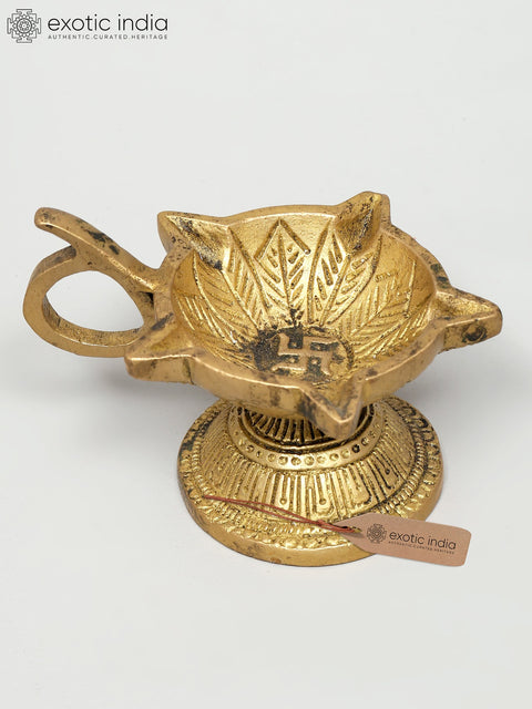 4" Small Brass Five Wicks Handheld Diya (Oil Lamp) | Handmade | Made In Ind