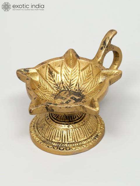 4" Small Brass Five Wicks Handheld Diya (Oil Lamp) | Handmade | Made In Ind