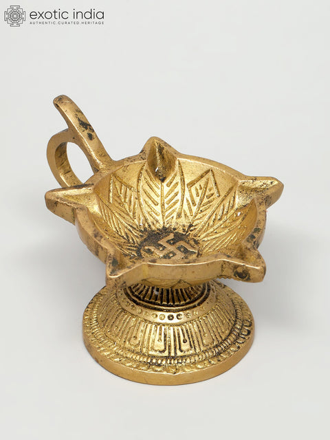 4" Small Brass Five Wicks Handheld Diya (Oil Lamp) | Handmade | Made In Ind