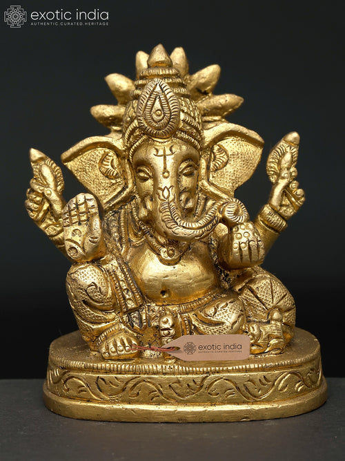 3" Small Chaturbhuja Lord Ganesha Brass Idol Handmade