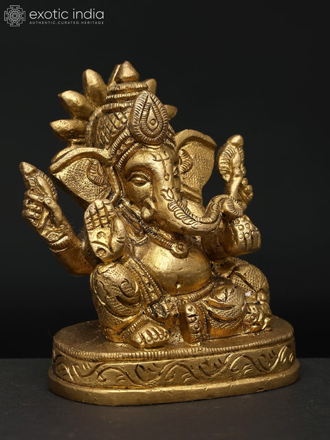 3" Small Chaturbhuja Lord Ganesha | Brass Idol | Handmade