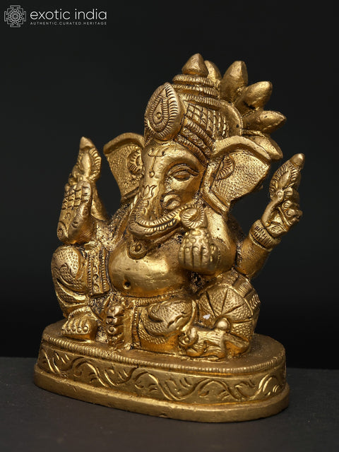 3" Small Chaturbhuja Lord Ganesha | Brass Idol | Handmade