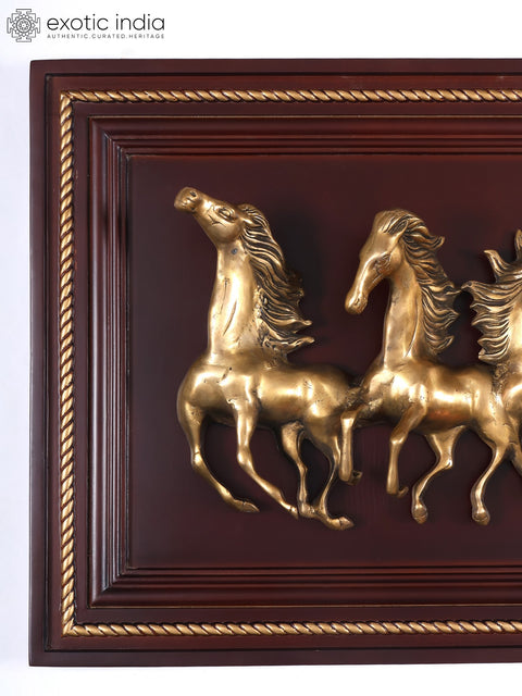 64" Large Wood Framed Brass Seven Running Horses | Wall Hanging | Home Decor