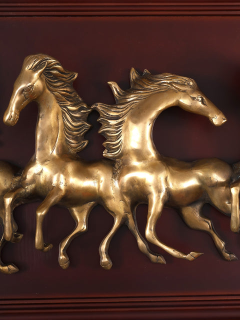 64" Large Wood Framed Brass Seven Running Horses | Wall Hanging | Home Decor