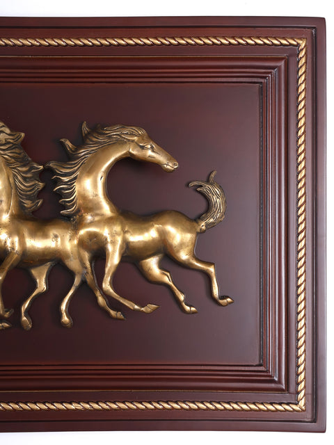 64" Large Wood Framed Brass Seven Running Horses | Wall Hanging | Home Decor