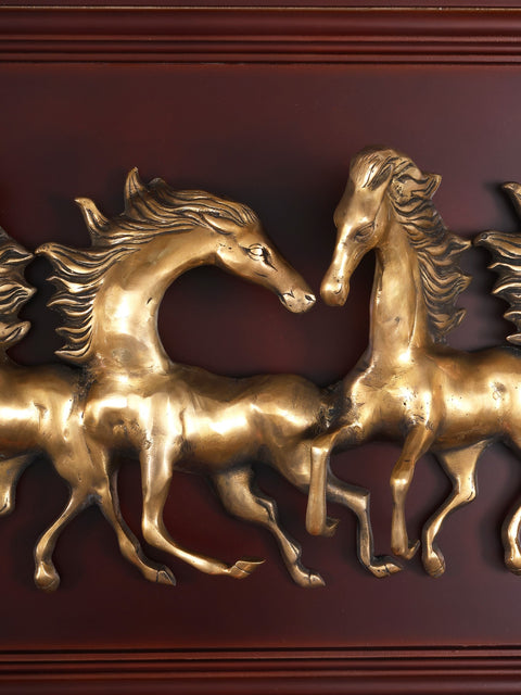 64" Large Wood Framed Brass Seven Running Horses | Wall Hanging | Home Decor