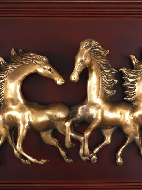 64" Large Wood Framed Brass Seven Running Horses | Wall Hanging | Home Decor