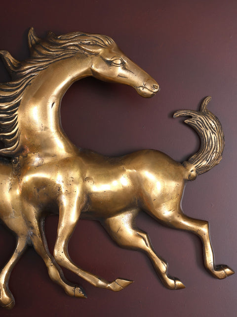 64" Large Wood Framed Brass Seven Running Horses | Wall Hanging | Home Decor