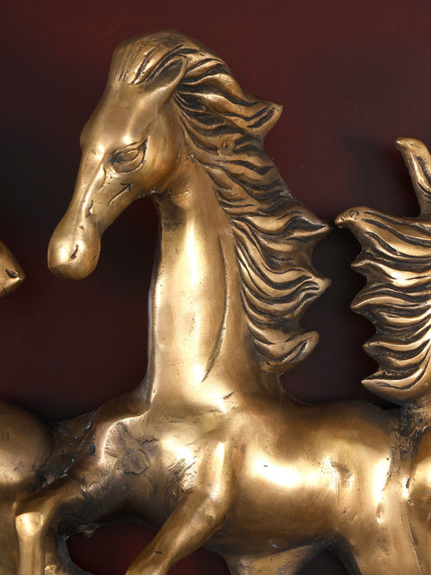 64" Large Wood Framed Brass Seven Running Horses | Wall Hanging | Home Decor
