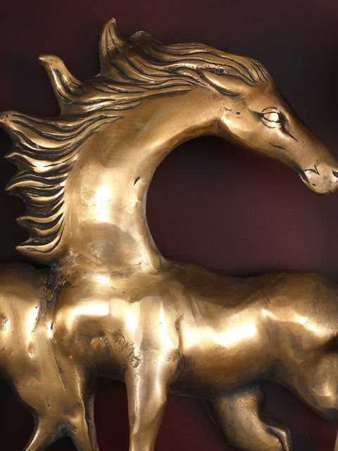 64" Large Wood Framed Brass Seven Running Horses | Wall Hanging | Home Decor