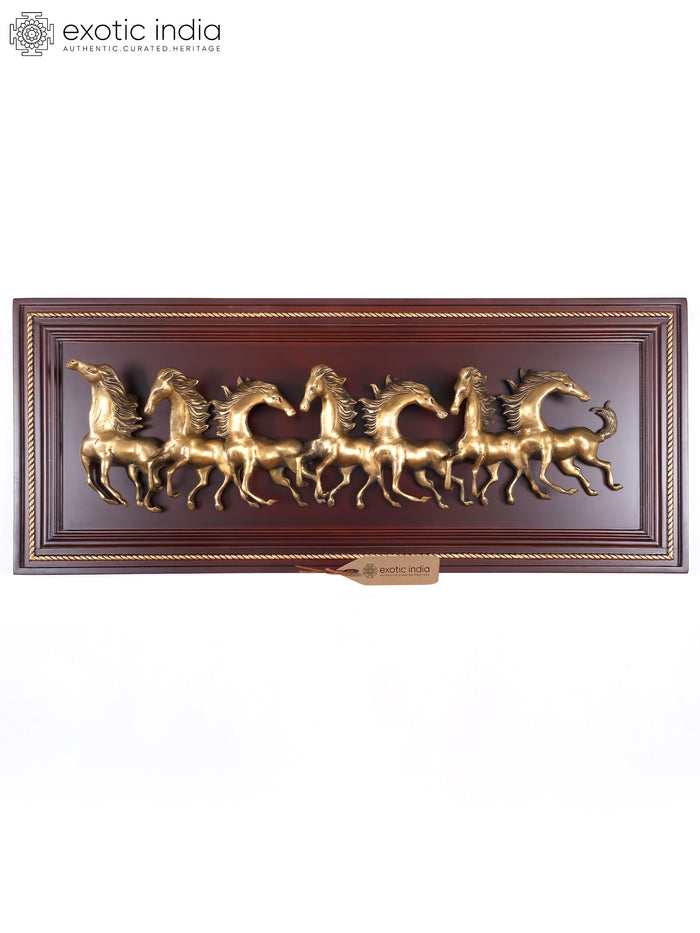 64" Large Wood Framed Brass Seven Running Horses | Wall Hanging | Home Decor