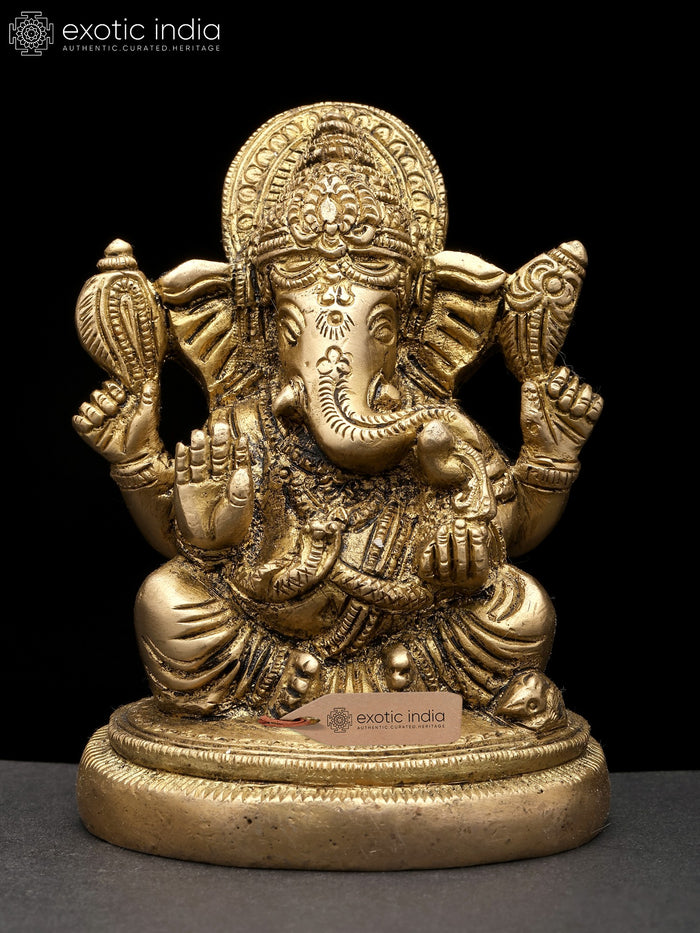 4" Four Armed Blessing Ganesha Brass Statue Handmade