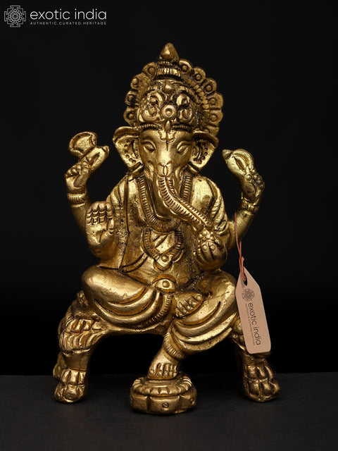 4" Small Chaturbhuja Lord Ganesha Seated on Chowki | Brass Statue