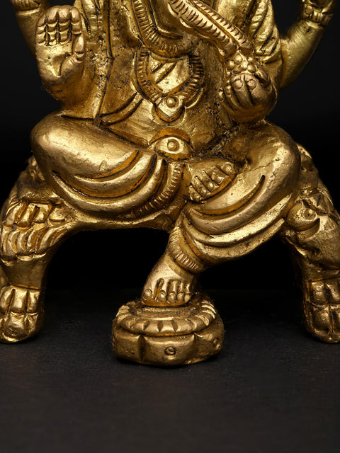 4" Small Chaturbhuja Lord Ganesha Seated on Chowki | Brass Statue