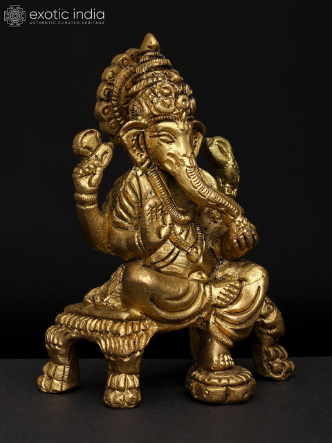 4" Small Chaturbhuja Lord Ganesha Seated on Chowki | Brass Statue