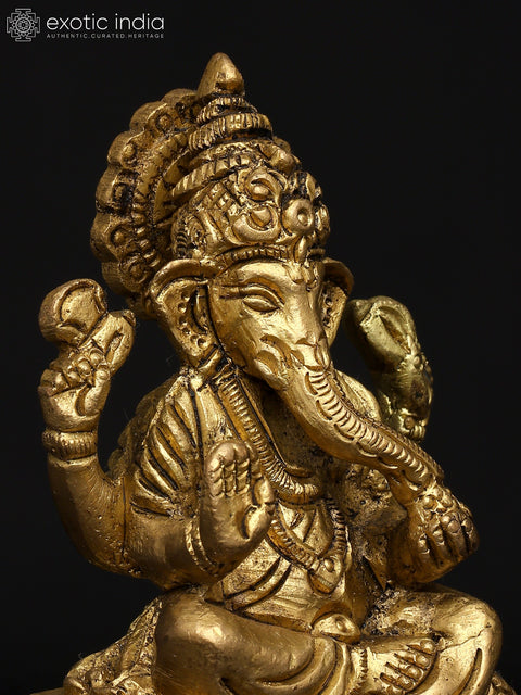 4" Small Chaturbhuja Lord Ganesha Seated on Chowki | Brass Statue