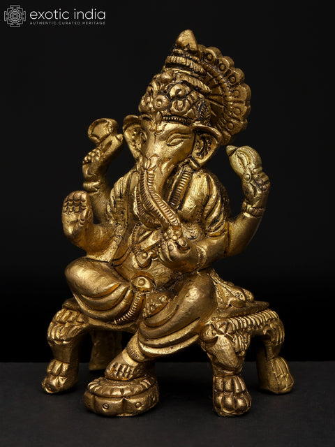 4" Small Chaturbhuja Lord Ganesha Seated on Chowki | Brass Statue