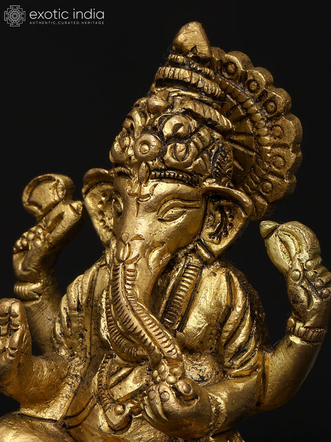 4" Small Chaturbhuja Lord Ganesha Seated on Chowki | Brass Statue