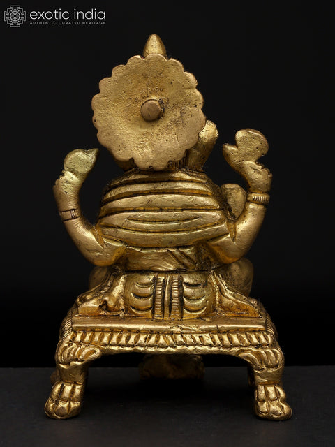 4" Small Chaturbhuja Lord Ganesha Seated on Chowki | Brass Statue